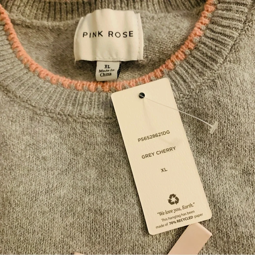 Pink Rose Gray Crewneck Sweater Hearts Cherries Size XL NWT Boxy Soft Girl - Picture 5 of 8